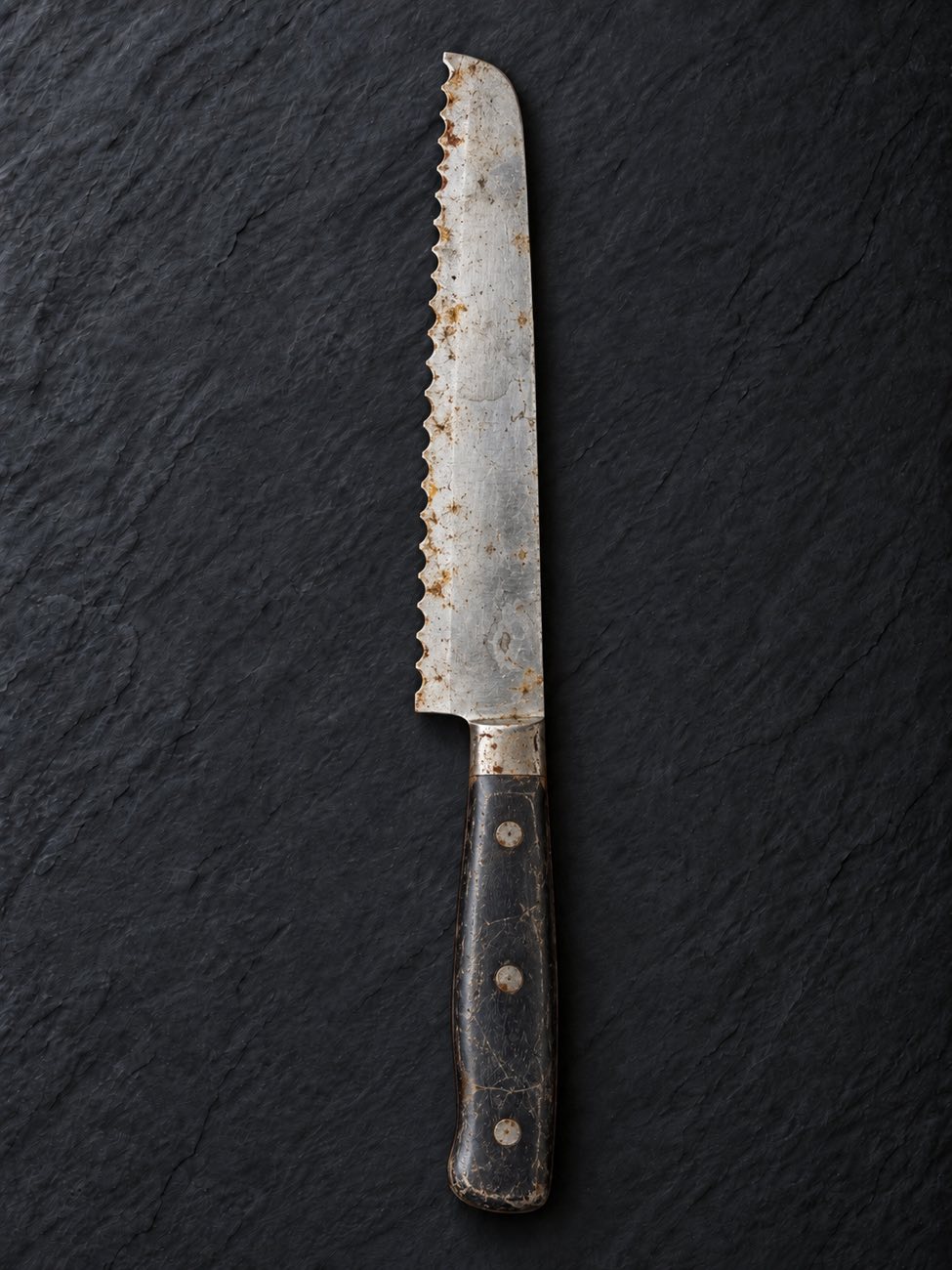 A worn, rusted cheap serrated bread knife